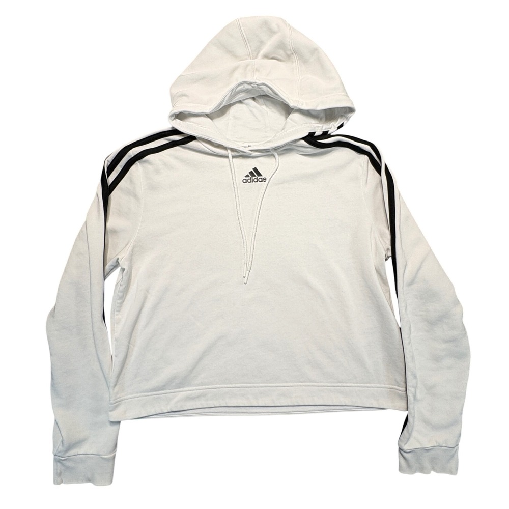 Adidas Womens 3-Stripe Cropped Hoodie White Black Logo Pullover Sweatshirt
